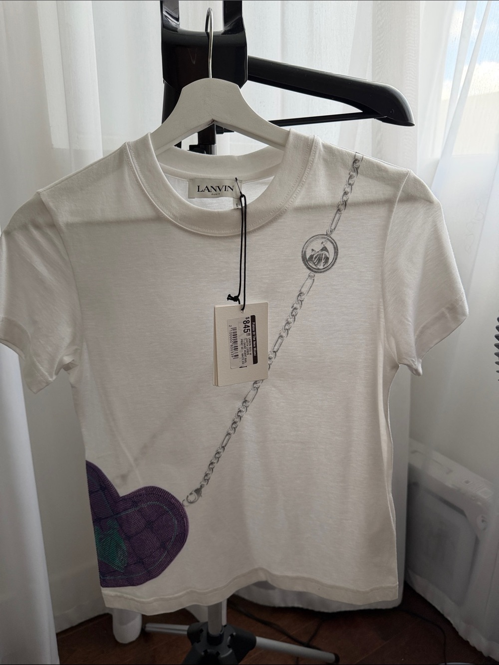Lanvin  White T-Shirt with Purple Heart and Chain Graphic